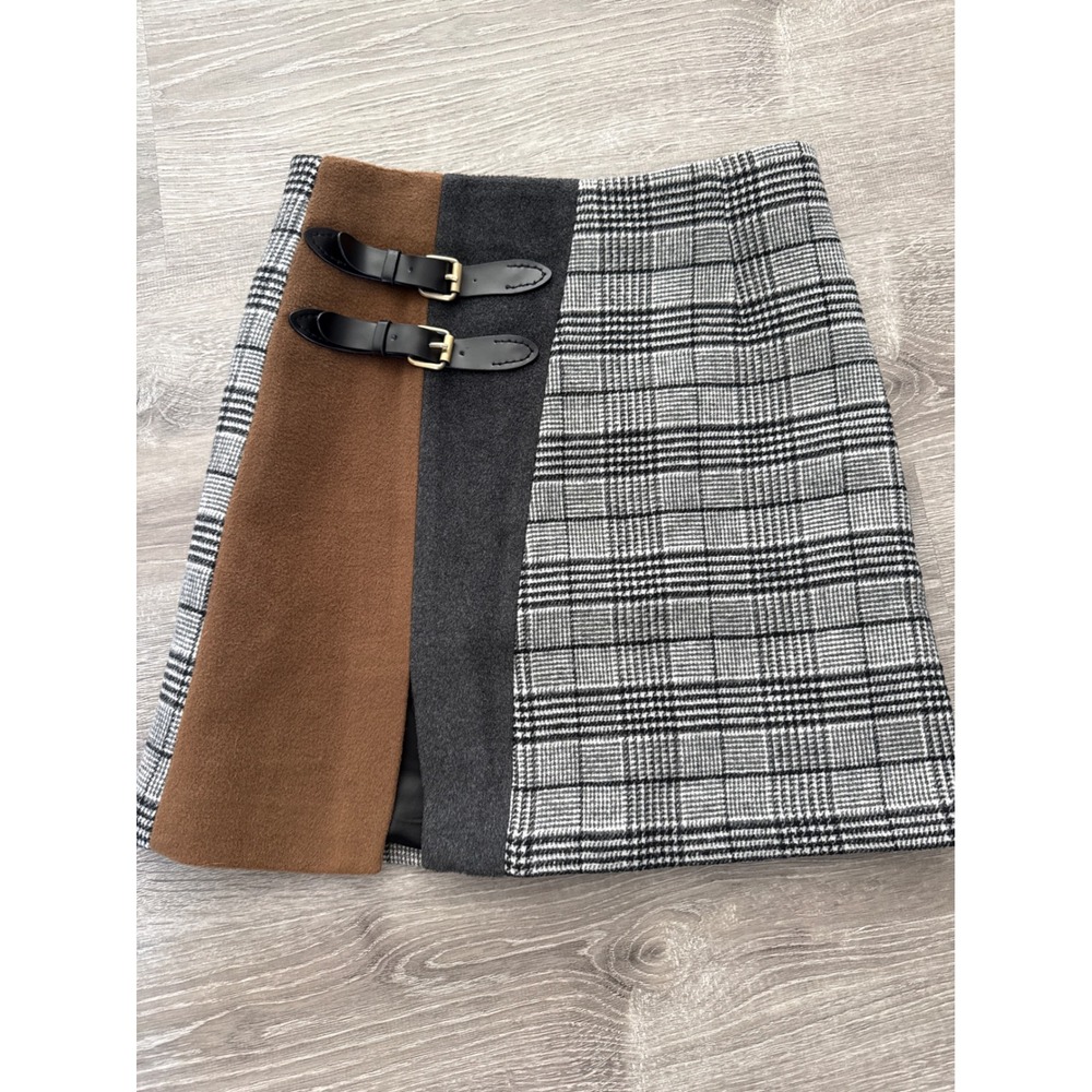 CAARA Womens Glen Plaid Colorblock Buckle Mini Skirt Grey Brown Wool Blend M